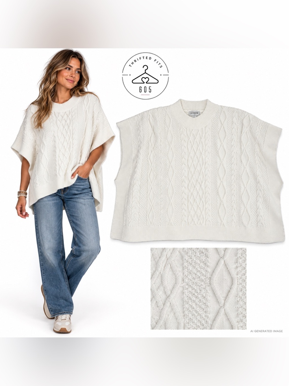 J. Crew off-White Cable Knit Crewneck Poncho